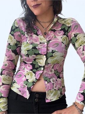Floral Button-Up Long Sleeve Top - Pink & Green